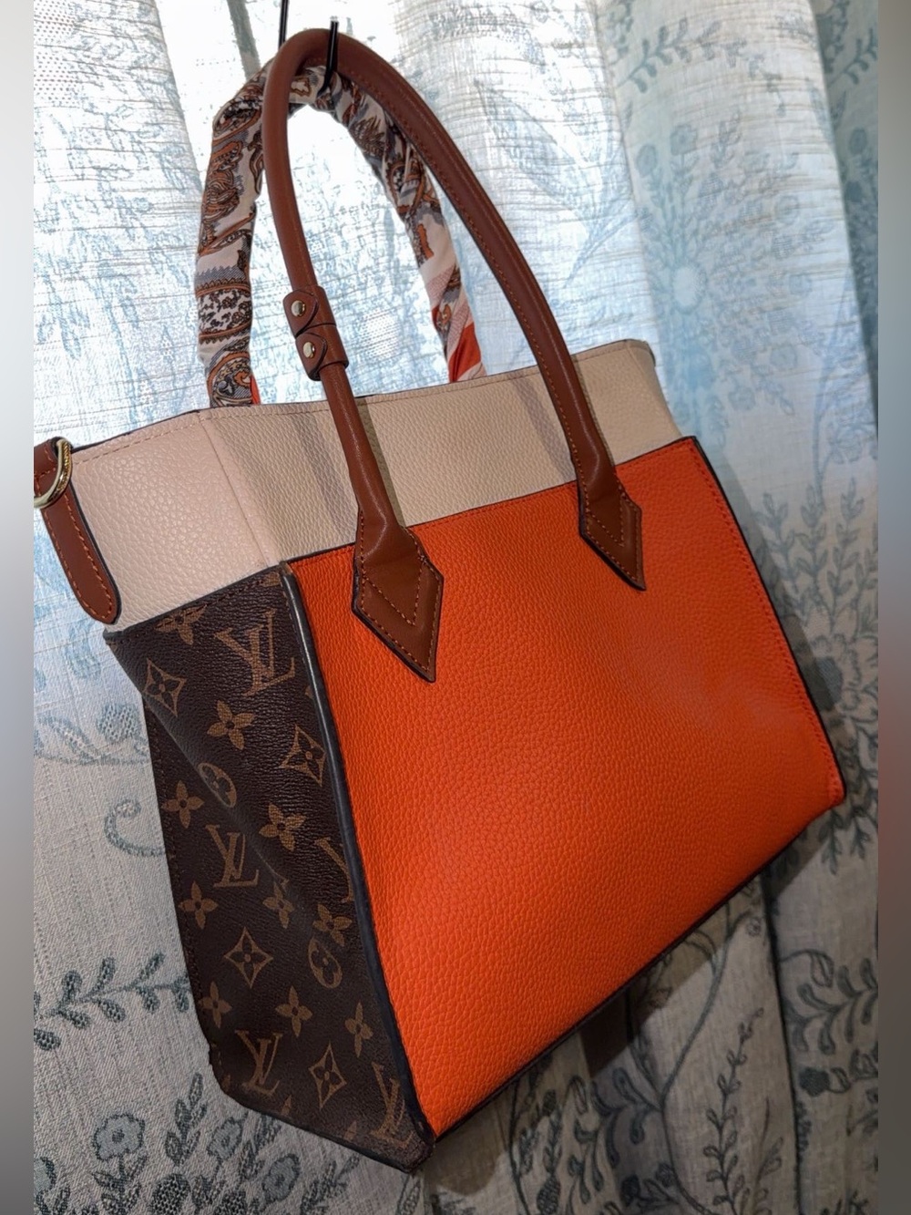 Orange and Cream Leather Tote with Monogram Side Panels - Picture 8 of 10